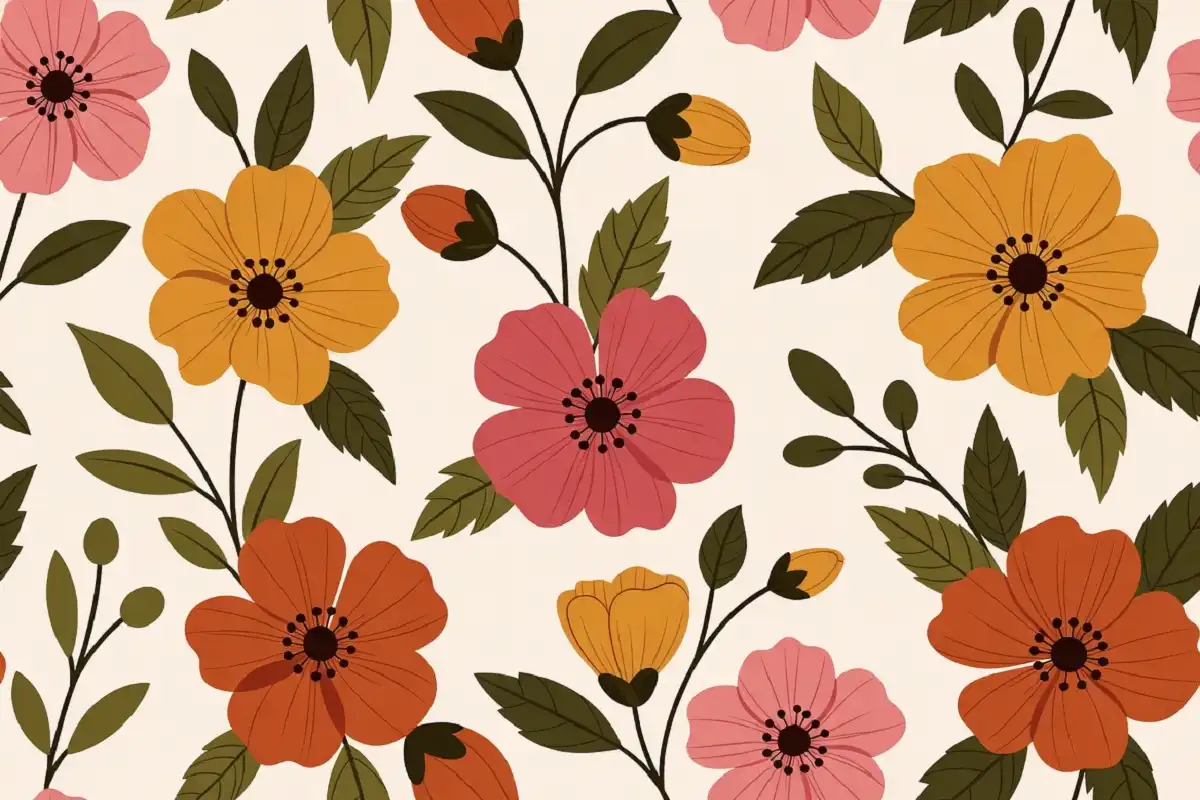 Colorful floral pattern with flowers and leaves on a light background