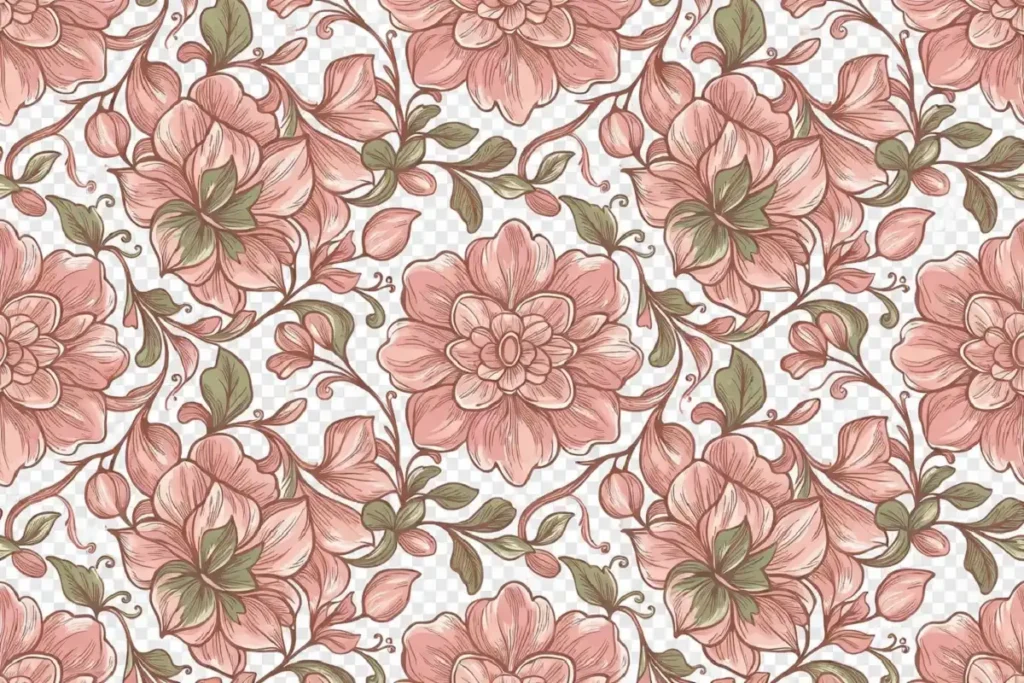 Seamless floral pattern PNG with petals on transparent background