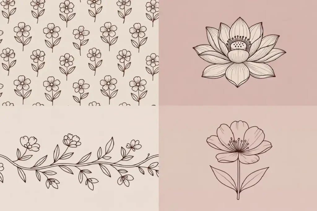 Different floral pattern styles including repeating prints and single blooms