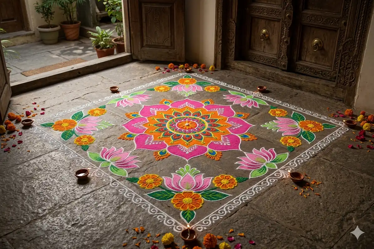 Floral square rangoli design with lotus motifs