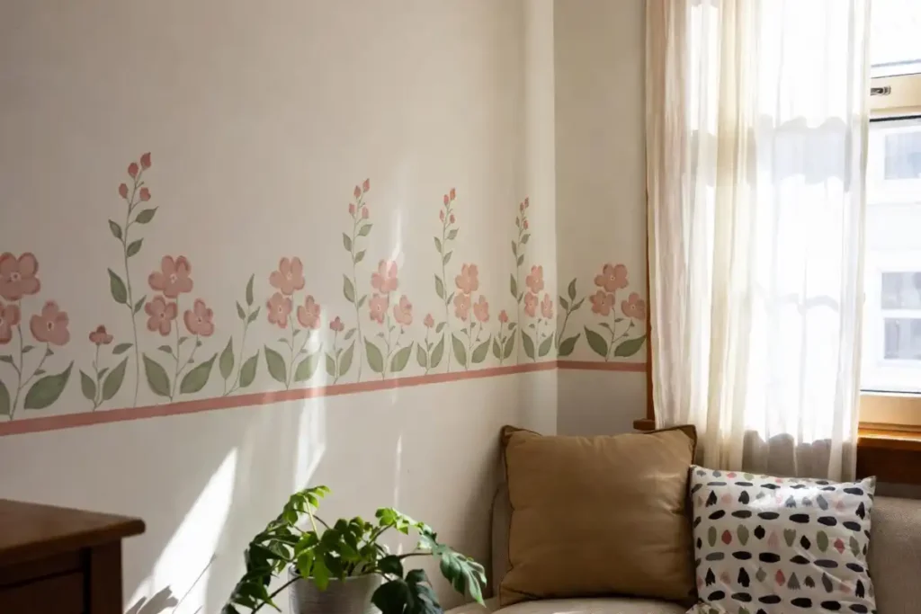 Painted floral border decorating a wall corner in a cozy living room