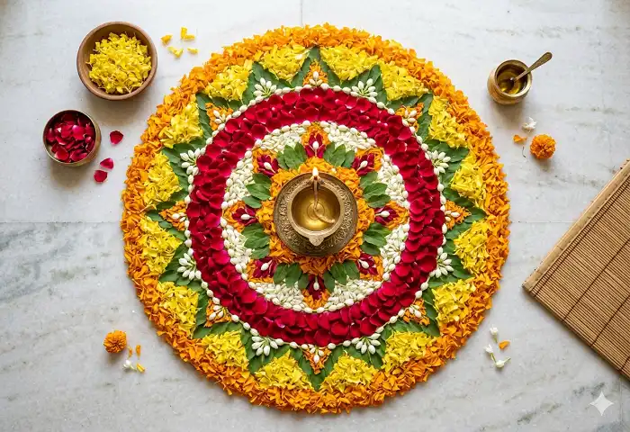 Flower petal rangoli design for Diwali made with marigold and rose petals
