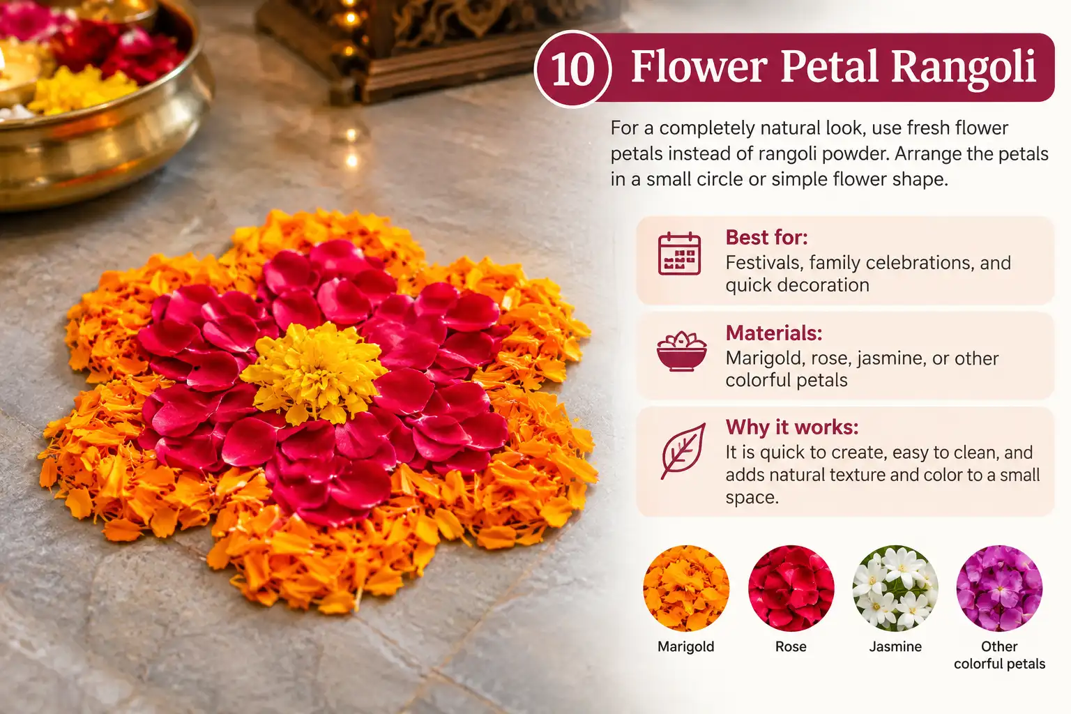 Fresh flower petal rangoli arranged in a colorful floral pattern