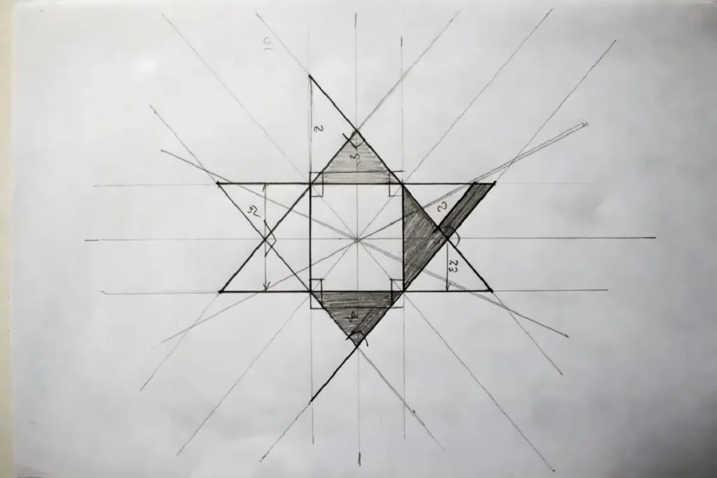 Hand-drawn construction diagram with compass and ruler showing star polygon and triangles