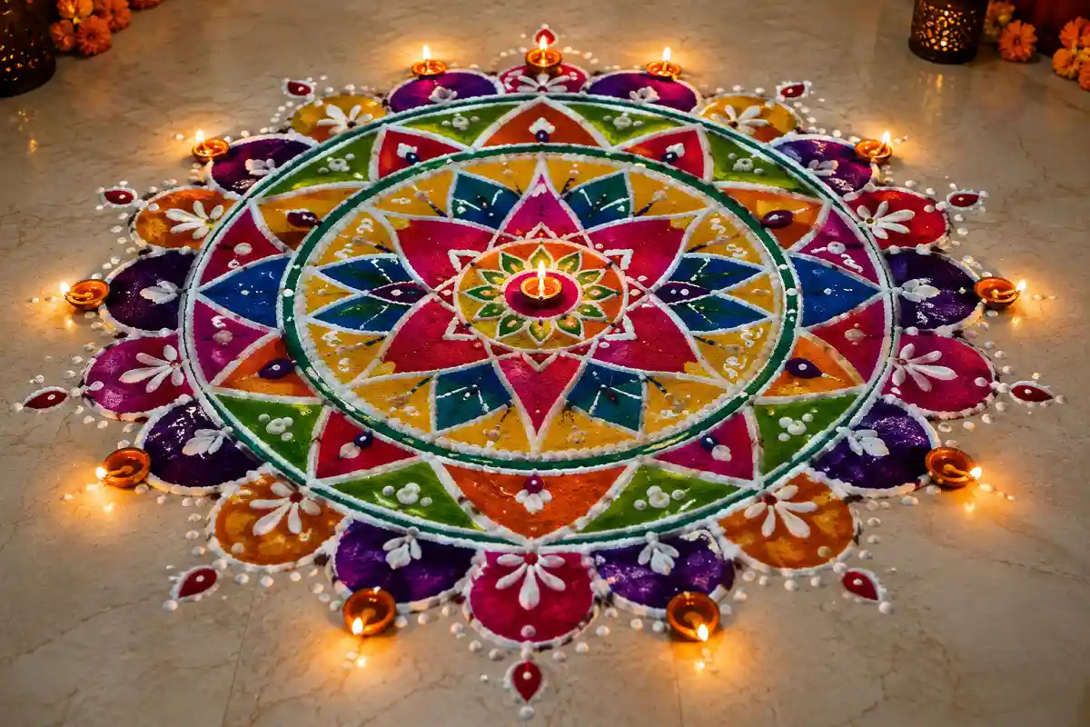 Geometric diya rangoli design for Dhanteras