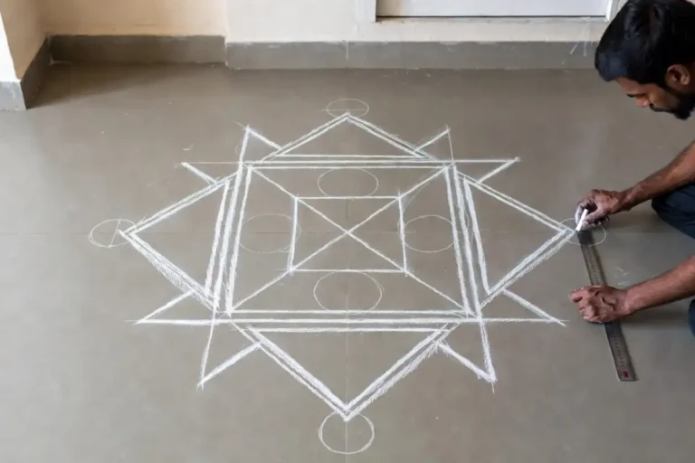 Person sketching a geometric drawing for rangoli using chalk and ruler on a clean floor