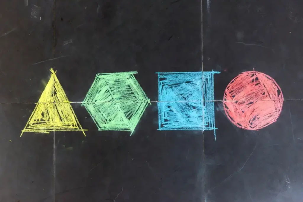 Reference chart of geometric drawing shapes including triangle, hexagon, square, and circle for rangoli