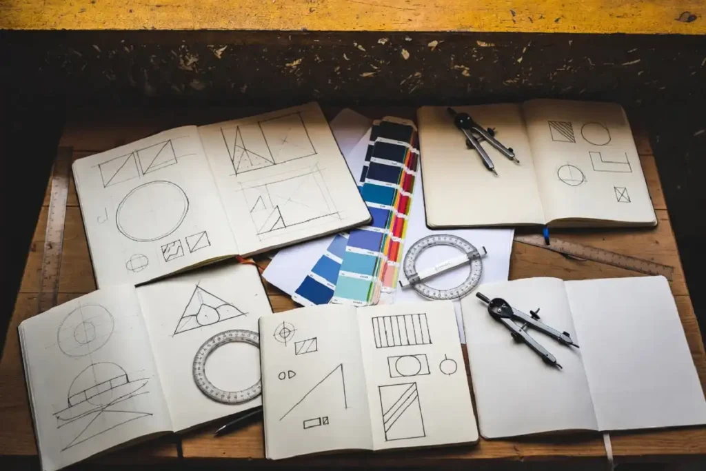 Designer sketchbook with hand-drawn geometric pattern drafts and tools