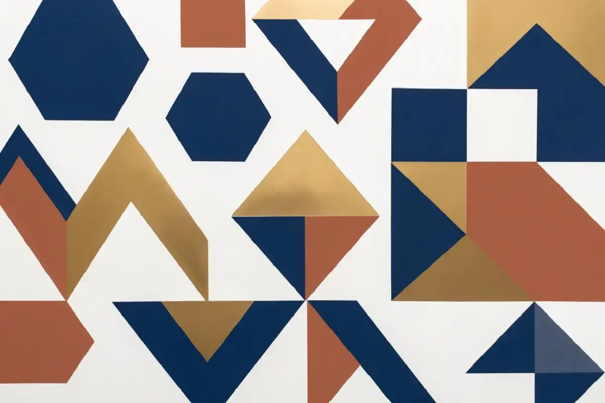 Geometric pattern swatches with hexagons, triangles, and chevrons in navy and gold