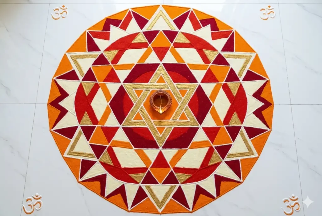 Bold geometric attractive rangoli design for Diwali 2019 with diamond and triangle mandala