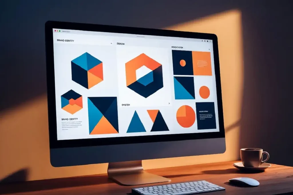 Digital workspace showing geometric forms used in modern graphic design and branding