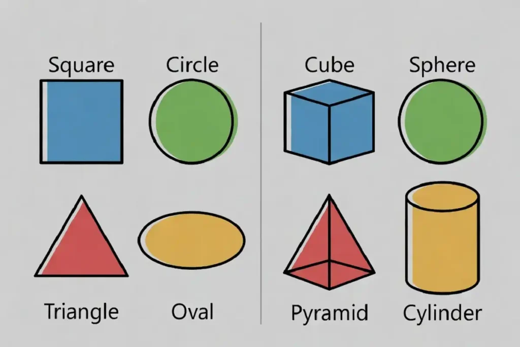 Color-coded diagram illustration of common 2D and 3D shapes for learning