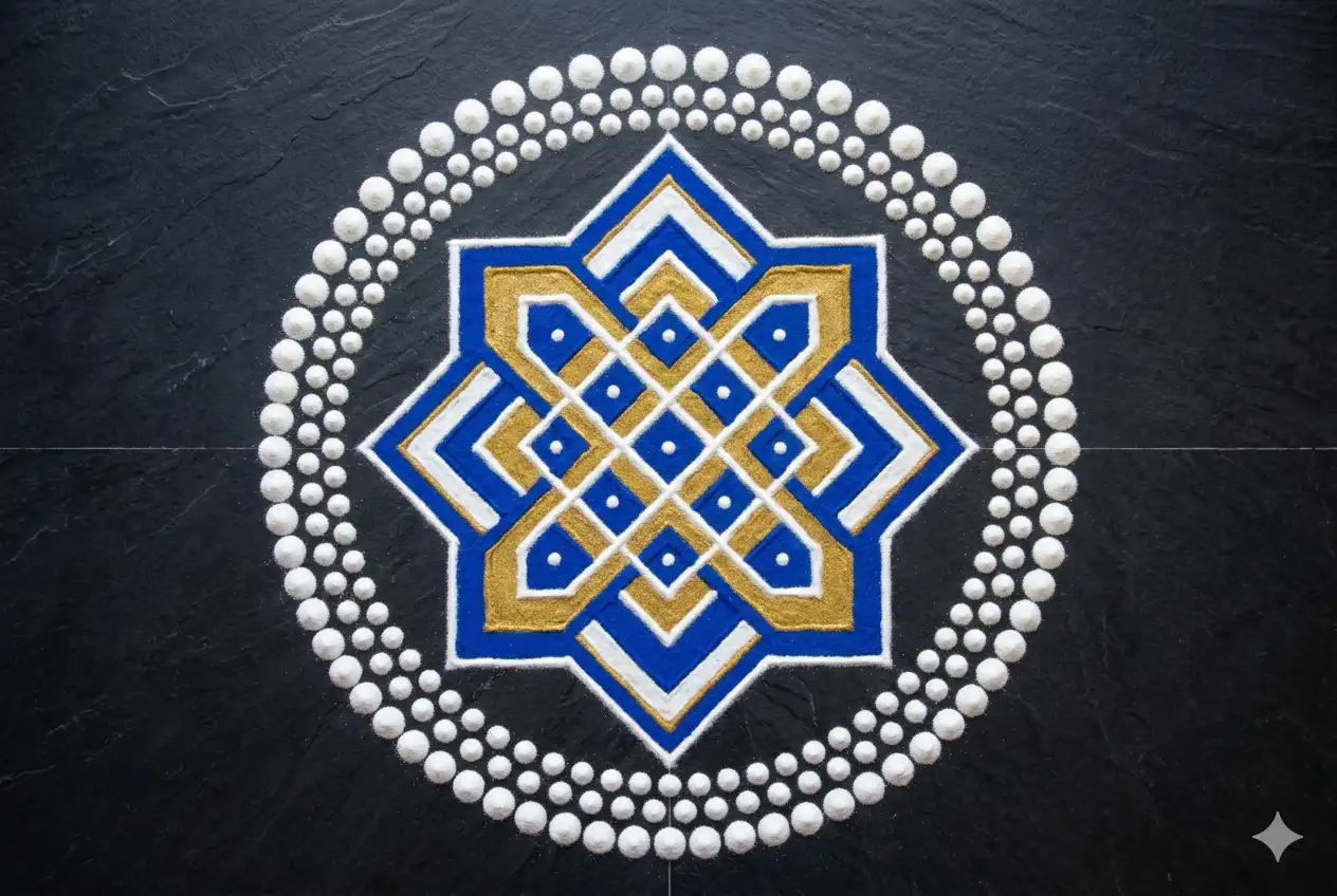 Geometric simple rangoli design with diamond and square patterns in blue and white