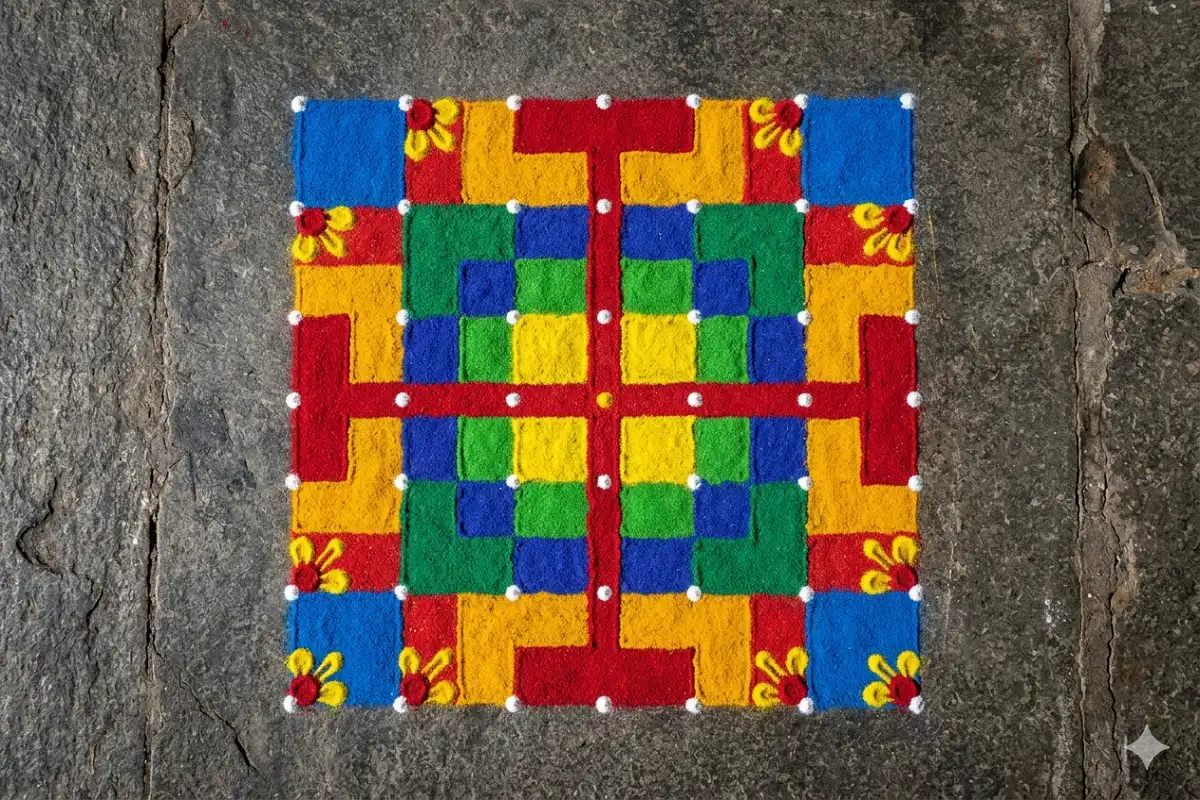 Geometric square rangoli design with vibrant colors