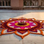 Vibrant flower rangoli design with lotus and marigold petals on marble floor