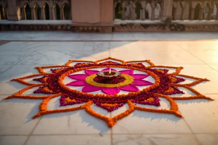 Vibrant flower rangoli design with lotus and marigold petals on marble floor