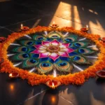 A stunning rangoli design photo featuring peacock motifs and marigold petals for Diwali