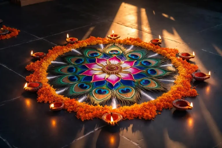 A stunning rangoli design photo featuring peacock motifs and marigold petals for Diwali