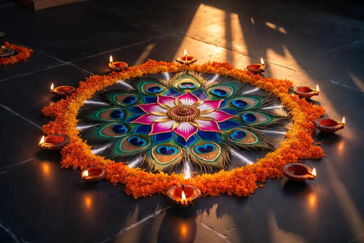 A stunning rangoli design photo featuring peacock motifs and marigold petals for Diwali