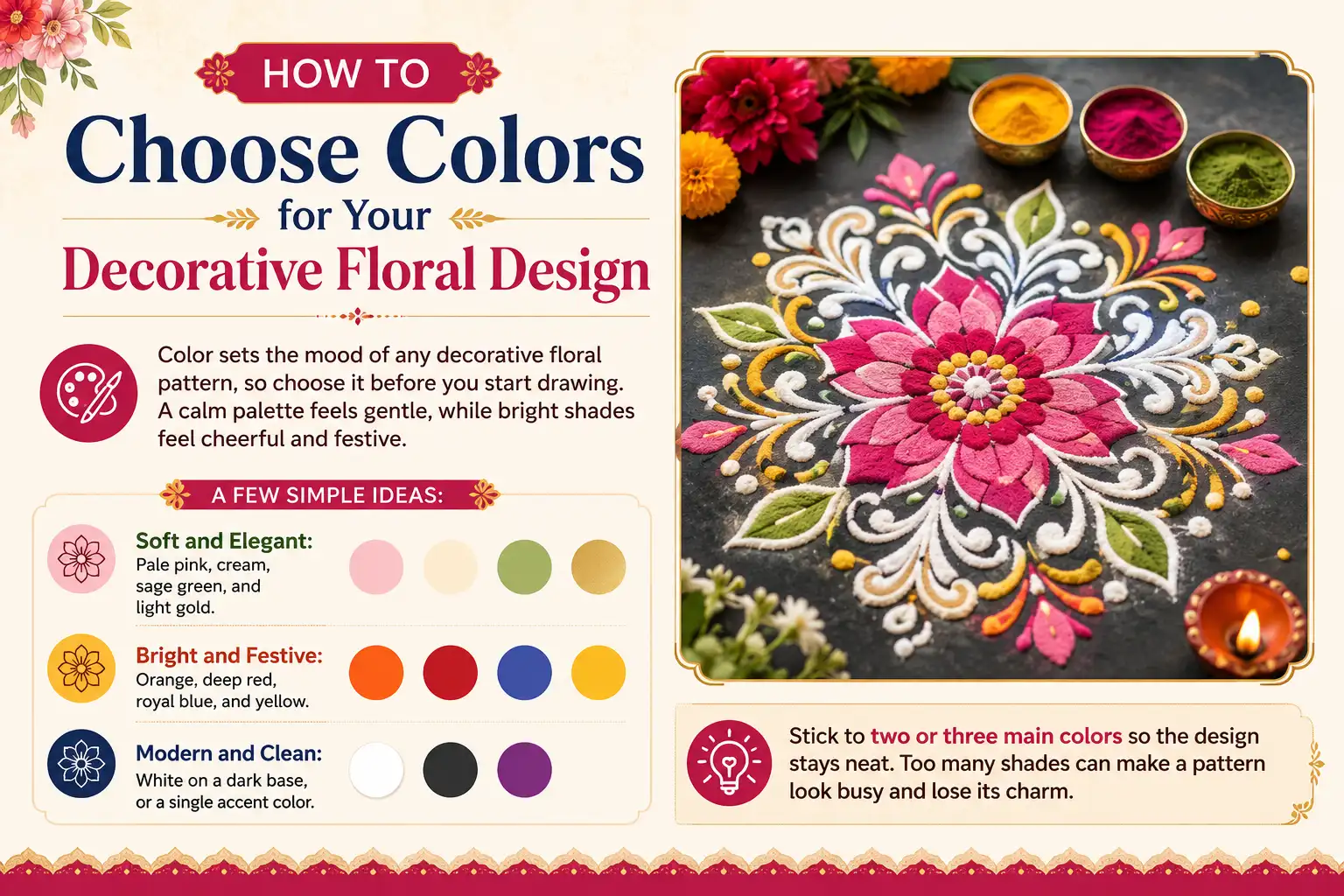How to choose colors for a decorative floral design, featuring soft, bright, and modern color palette ideas
