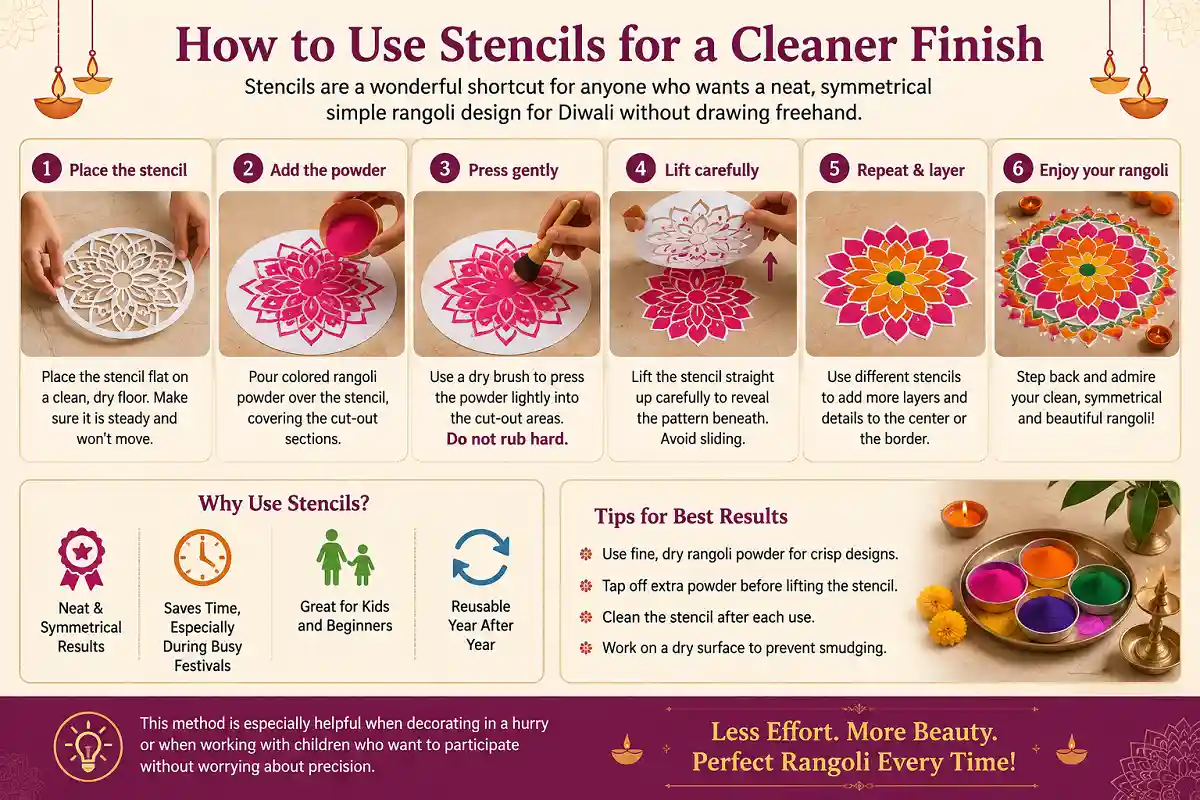 How to use rangoli stencils for a clean Diwali rangoli finish