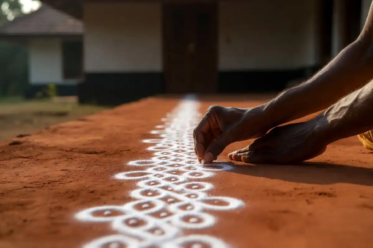 Traditional South Indian kolam dot border rangoli design with white rice flour on red floor
