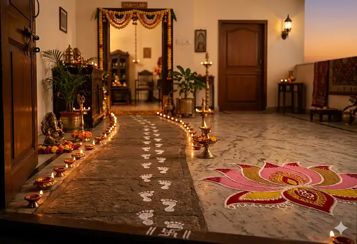 Lakshmi Padam rangoli design for Diwali with footprints and lotus motifs
