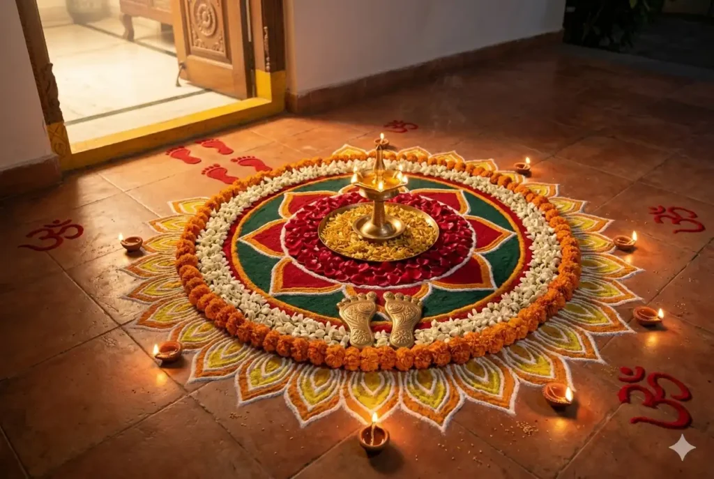 Laxmi footprint and lotus attractive rangoli design at home entrance for Diwali 2019