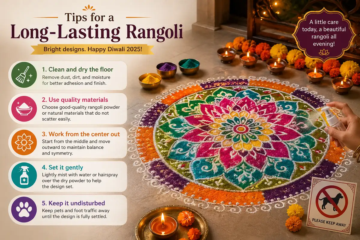 Long-lasting Rangoli tips for Diwali 2025 with five steps for keeping a colorful rangoli clean, balanced, and intact.