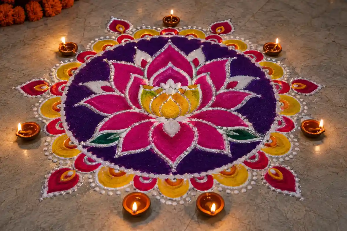 Lotus and diya rangoli design for Dhanteras
