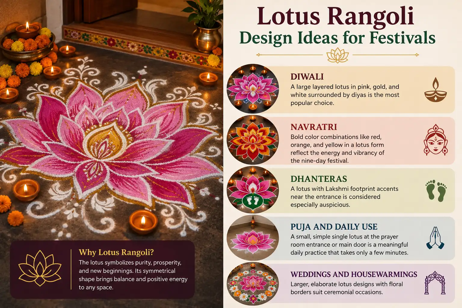 Lotus rangoli design ideas for Diwali, Navratri, Dhanteras, puja, weddings, and housewarming festivals