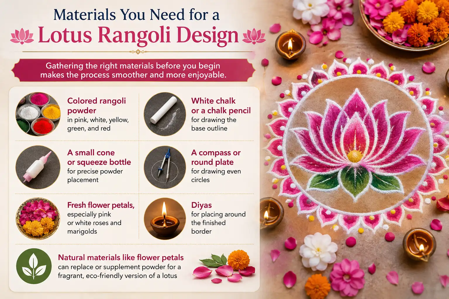 Materials needed for a lotus rangoli design, including colored rangoli powder, chalk, applicator cone, compass, flower petals, and diyas