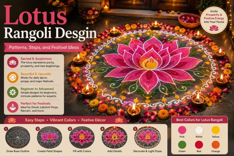 Lotus rangoli design with colorful layered petals, diyas, flowers, and step-by-step festival decoration ideas