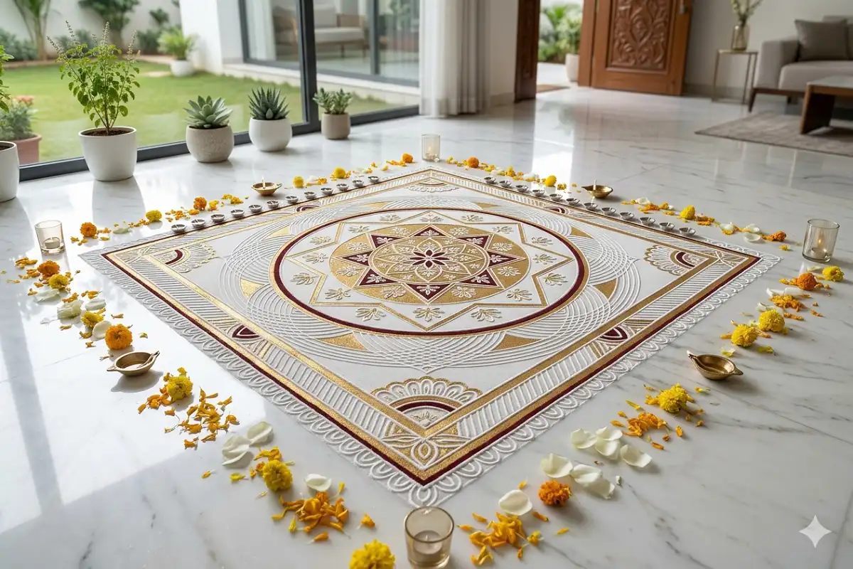 Modern minimalist square rangoli design in white and gold