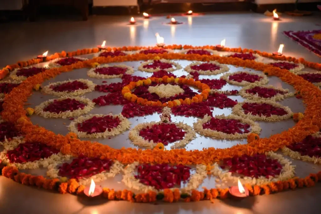 Ornamental floral rangoli made with fresh marigold and rose petals surrounded by oil lamps