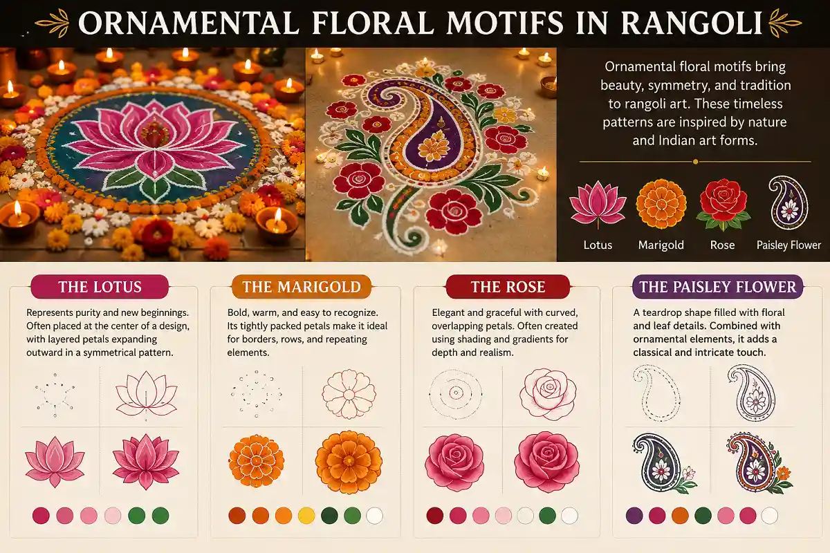 Ornamental floral motifs in rangoli featuring lotus, marigold, rose, and paisley flower designs with traditional colors and patterns.