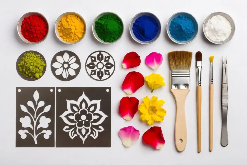 Ornamental floral rangoli tools including colored powders, stencils, and flower petals