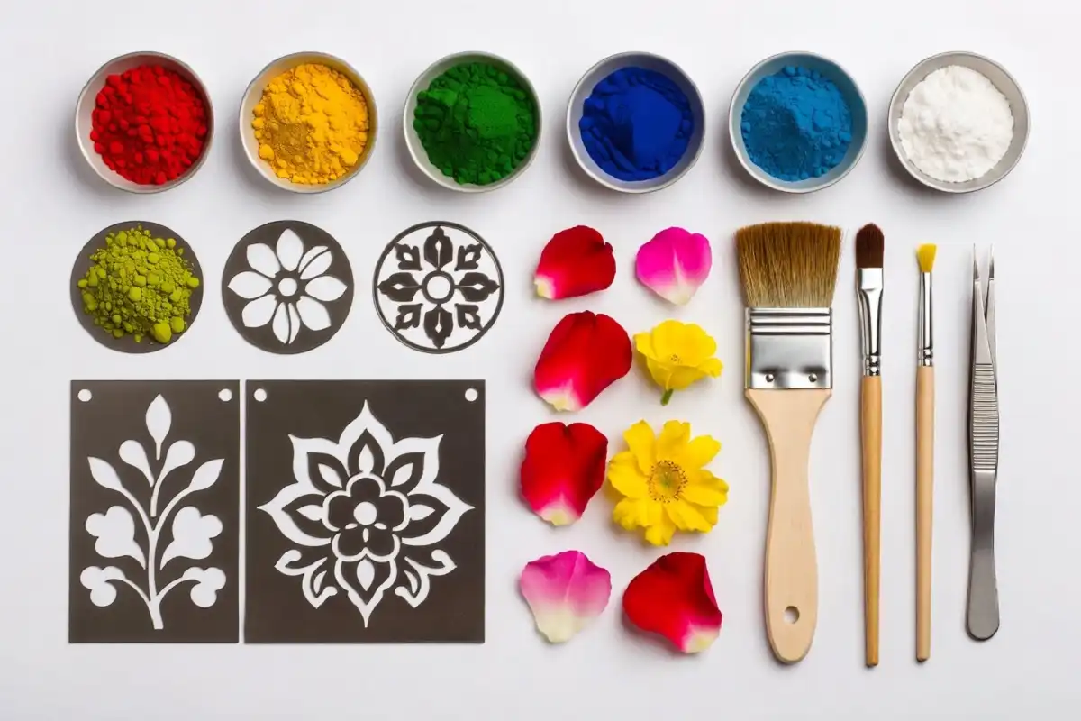 Ornamental floral rangoli tools including colored powders, stencils, and flower petals