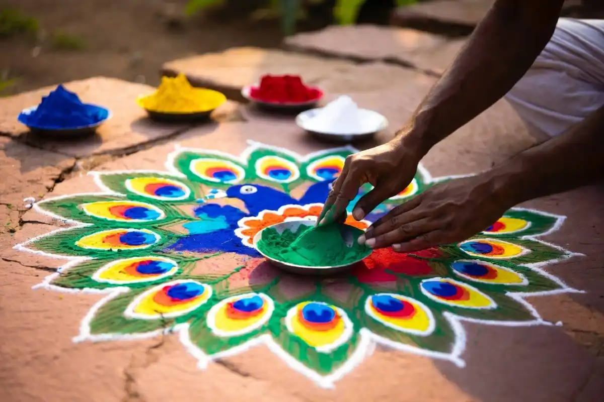 Vibrant peacock circle rangoli with blue green and yellow colors on white floor