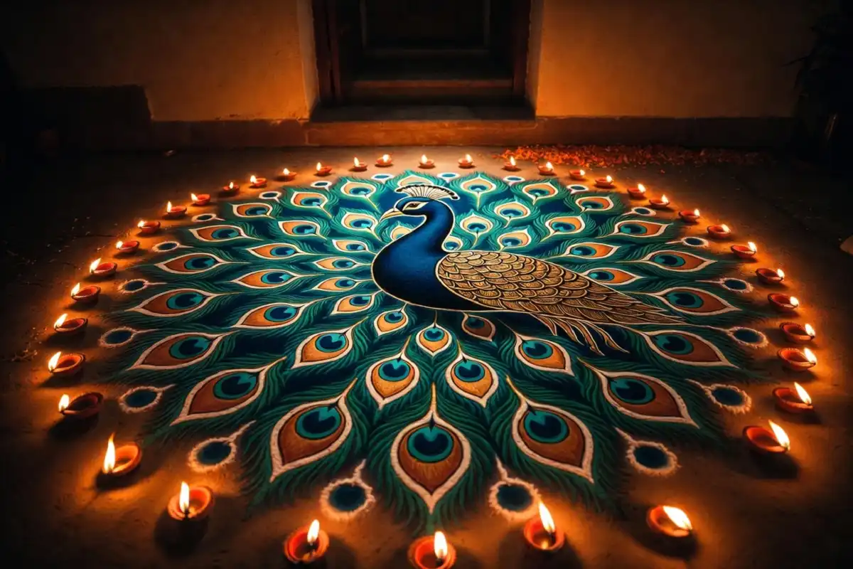 Step by step peacock circle rangoli design being drawn on floor with colorful powder