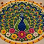 Colorful peacock flower rangoli design at a home entrance with vibrant petals