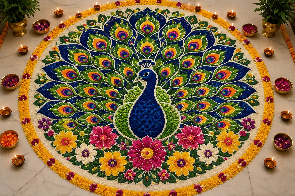 Colorful peacock flower rangoli design at a home entrance with vibrant petals