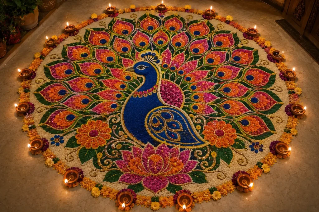 Beautiful peacock flower rangoli design for Diwali