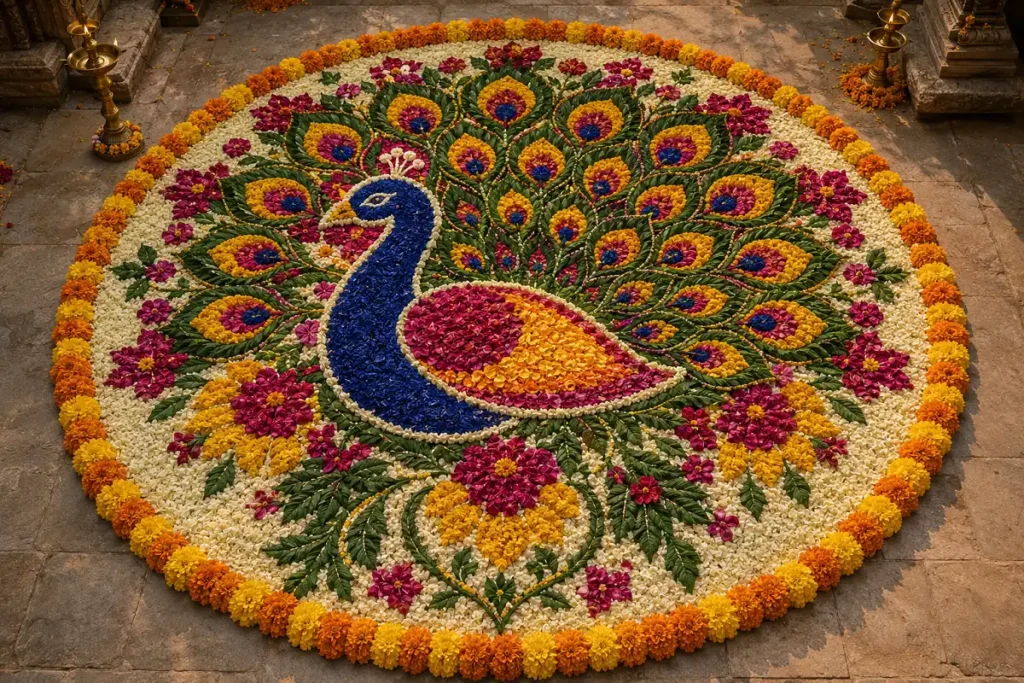 Peacock flower rangoli with colorful petal details