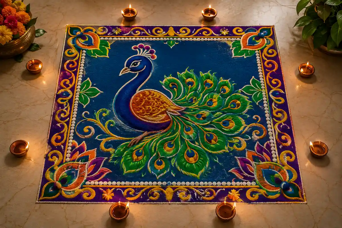 Peacock-inspired square rangoli design with rich blue, green, and gold colors