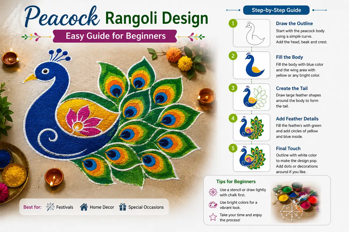 Easy peacock rangoli design guide for beginners