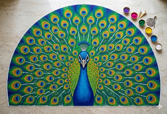 Stunning peacock rangoli design for Diwali with vibrant blue green and gold colors