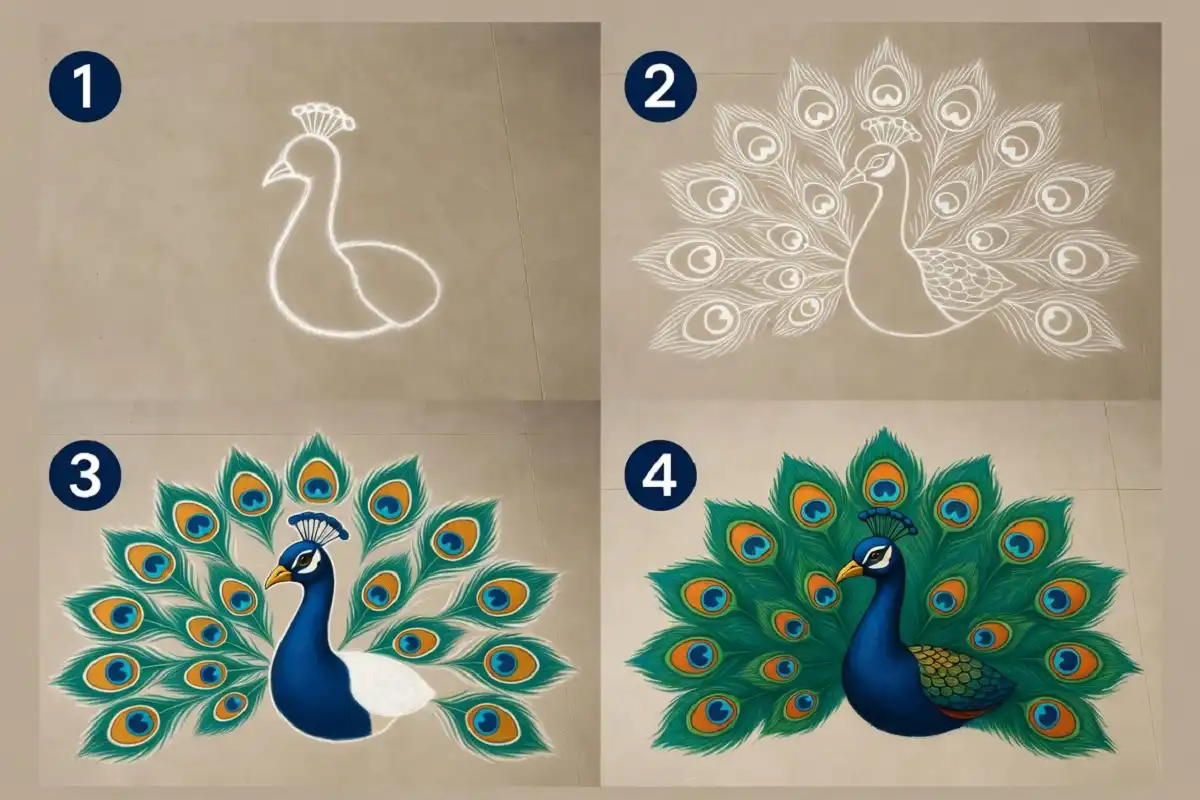 Step-by-step peacock rangoli design tutorial