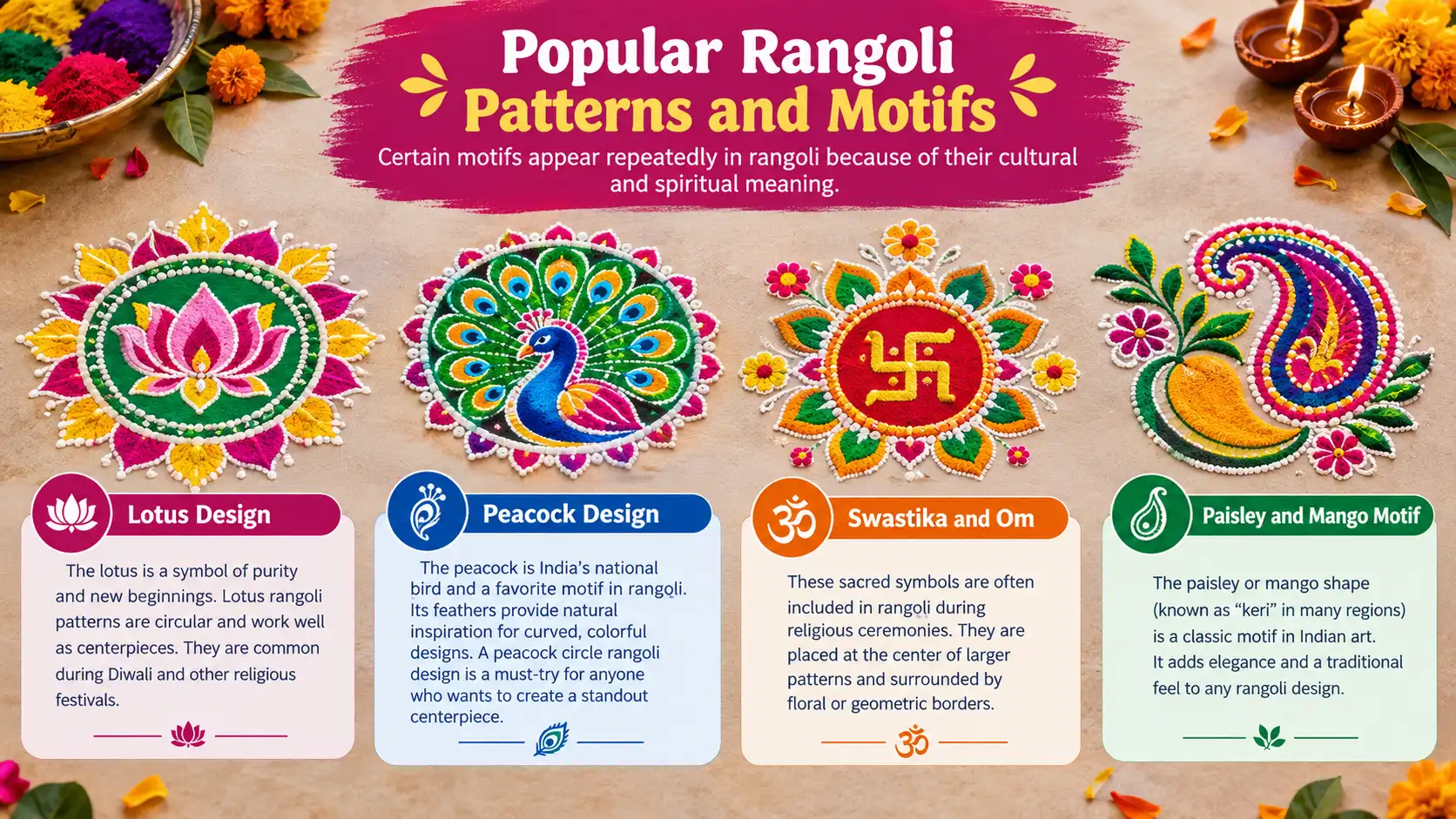 Popular rangoli patterns and motifs featuring lotus, peacock, swastika, Om, and paisley