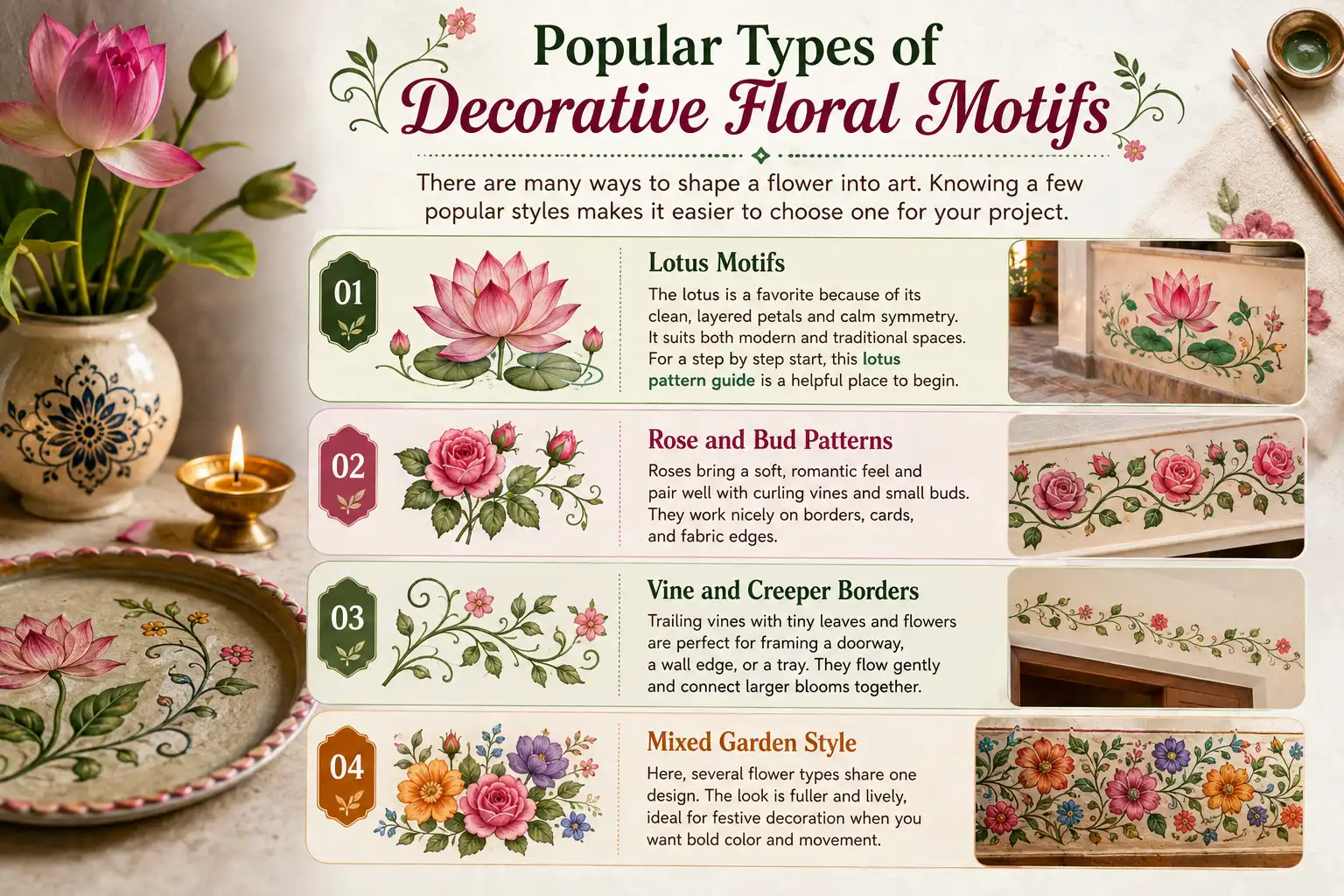 Infographic showing four popular decorative floral motifs: lotus motifs, rose and bud patterns, vine and creeper borders, and mixed garden floral designs.